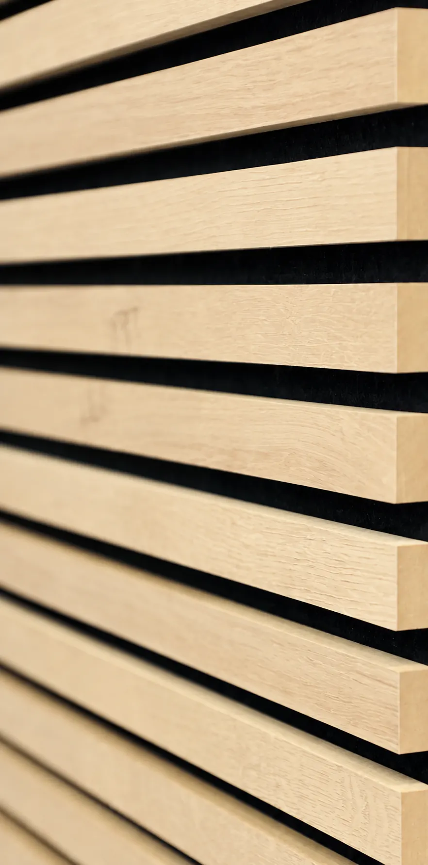 Close-up of the slats of an AcoustiSlat panel in the Fresno Mystic finish
