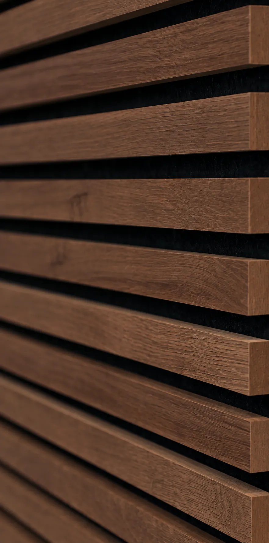 Close-up of the slats of an AcoustiSlat panel in the Walnut finish