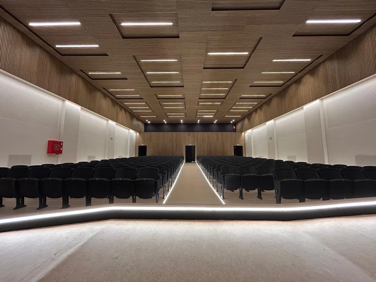 Auditorium with a coffered natural wood-look slat ceiling and slatted side walls