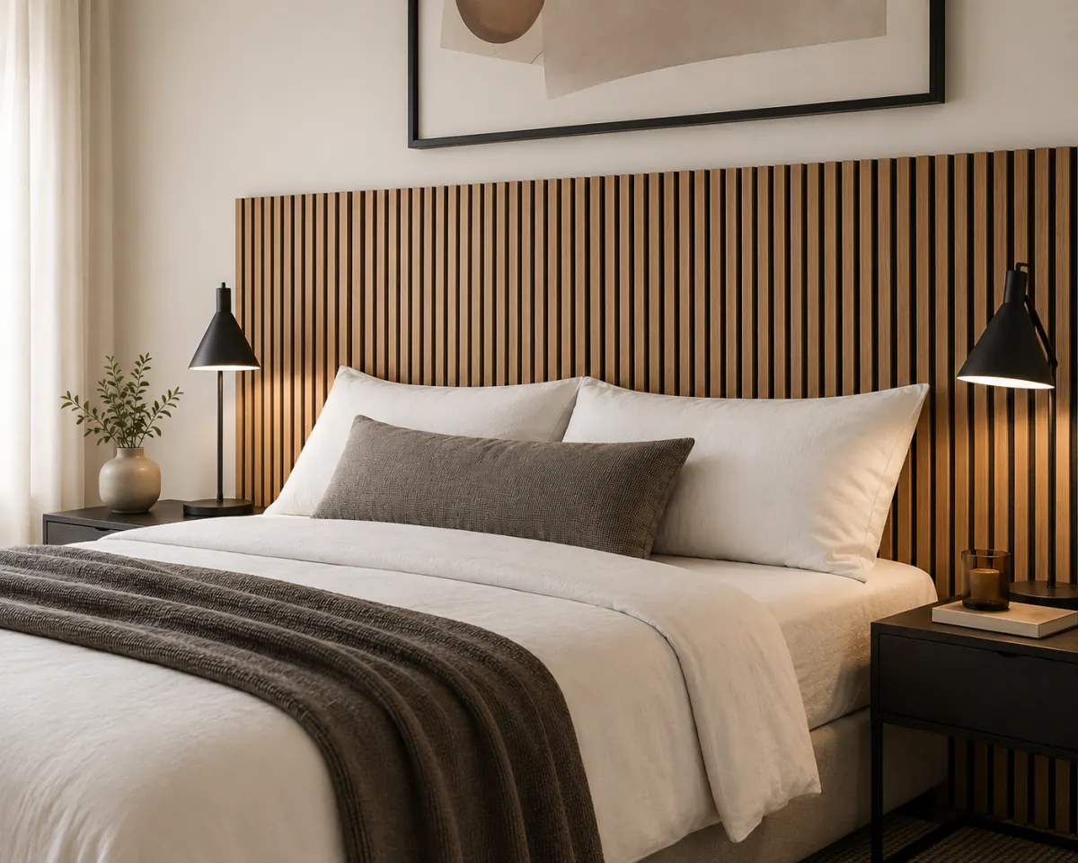 Bedroom with a full-width natural wood-look slat headboard wall behind the bed