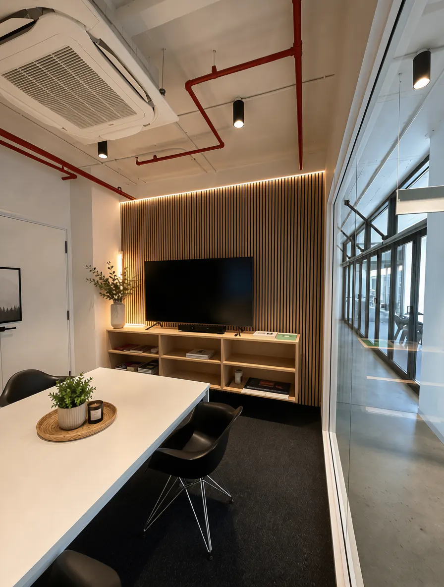 Boardroom with a backlit AcoustiSlat natural wood-look slat wall behind the screen