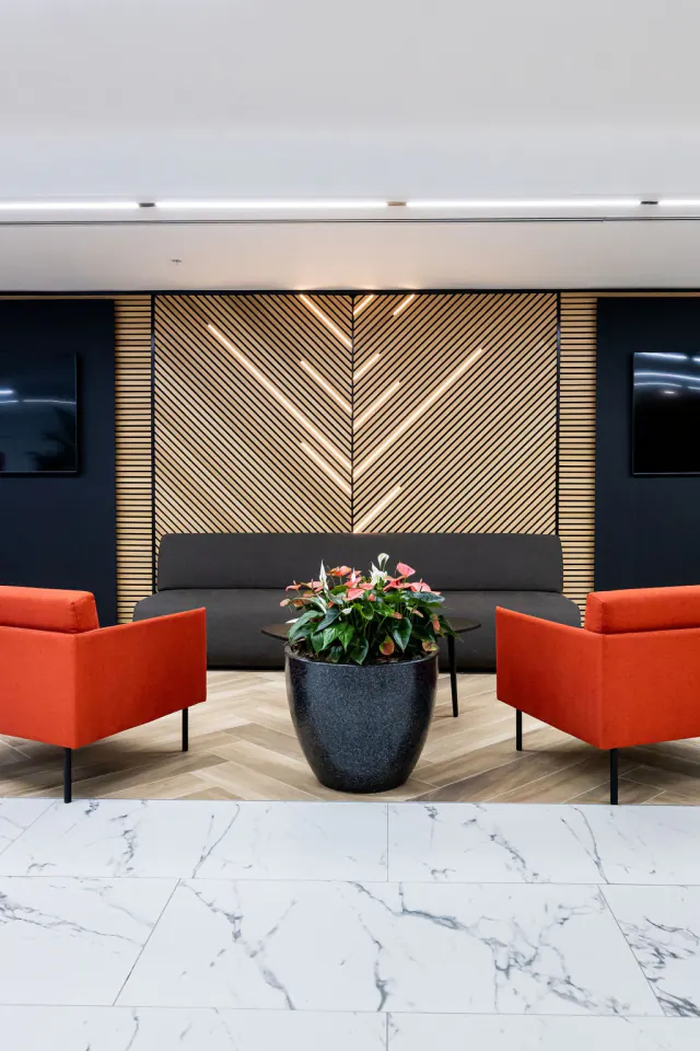Herringbone acoustic slat feature wall