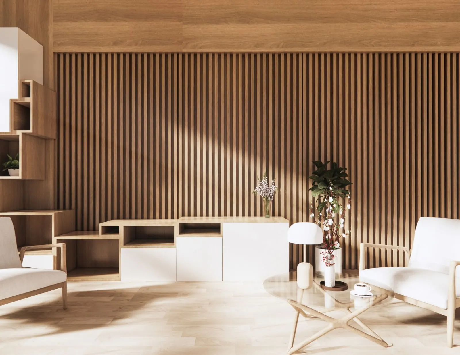 Bright living room with a full acoustic wall of vertical natural wood-look oak slats