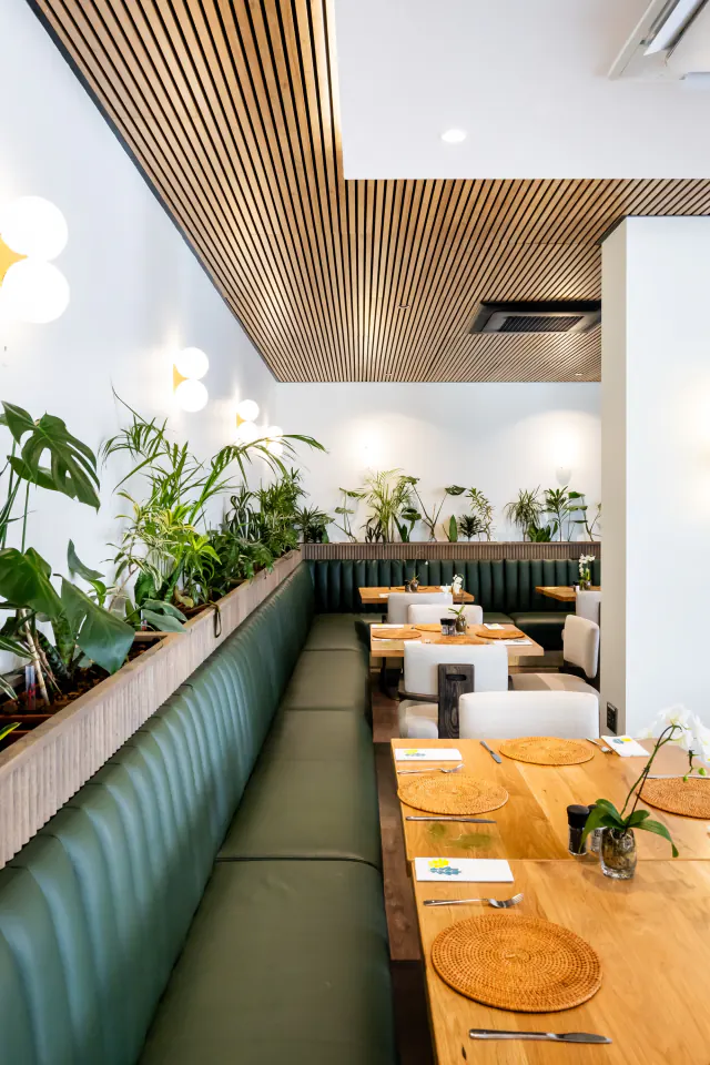 Banquette seating under a natural wood-look slat ceiling